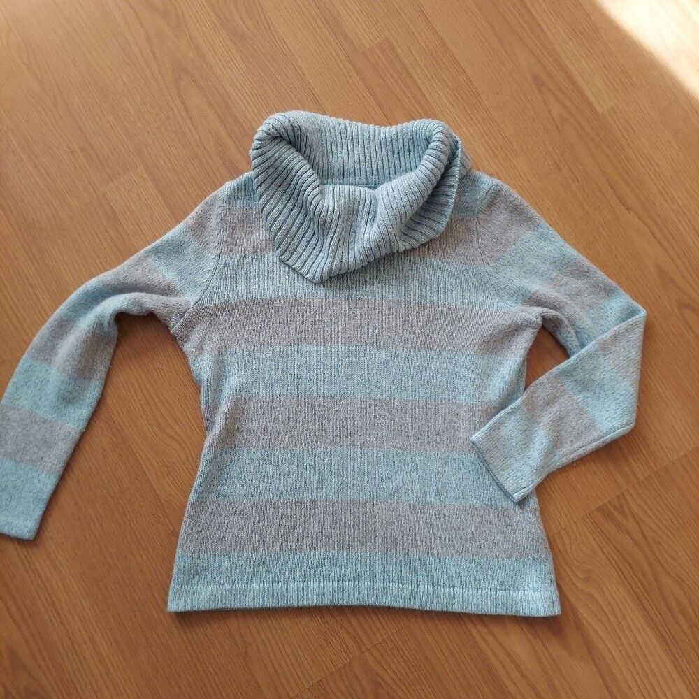 Women's Blue Grey Stripe Cowl Neck Sweater Small